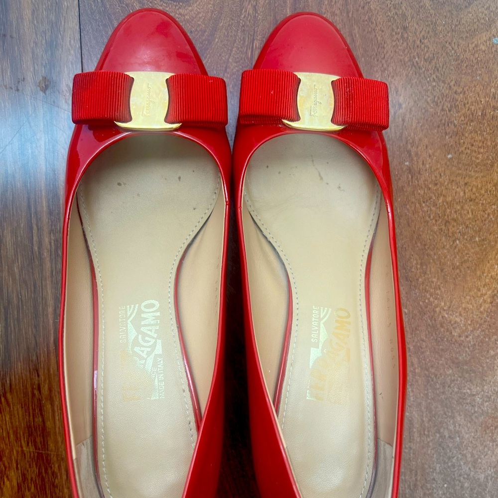 salvatore ferragamo red wedge shoes in patent leather